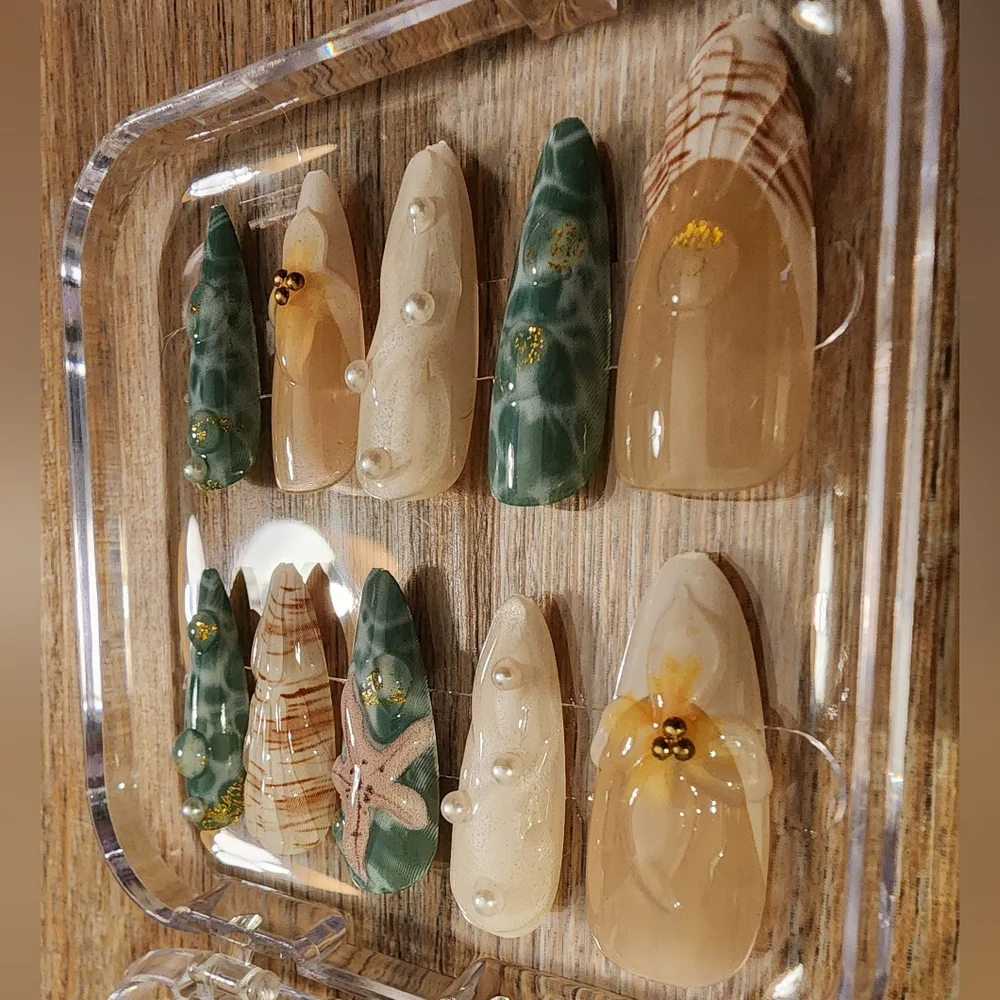Beach-Themed with Starfish and Pearls Almond Stiletto Press On Nails - Medium